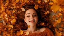 Young Woman Lying On Autumn Leaves, Portrait Created With Generative Ai Tools