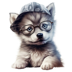 Wall Mural - portrait of baby wolf cub in a hat and with glasses on a white background. hipster illustration, ani