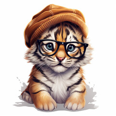 Wall Mural - portrait of baby tiger cub in a hat and with glasses on a white background. hipster illustration, an