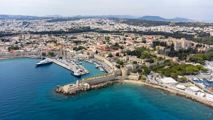 Wall Mural - Mandraki port of Rhodes city harbor aerial panoramic view in Rhodes island in Greece