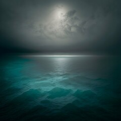 A calm quiet still ocean with gently swirling water shot from a high angle tall clouds with rain columns delicate natural lighting atmospheric lighting highly detailed colours tones of blue aqua 