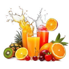 Collection of juice glasses and fresh juice (orange, tomato and pineapple) pouring from fruits into the glasses isolated on white created with Generative AI