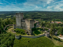 Aerial View Of Landstejn Castle With Rectangular Keep And Concentric Walls, Semi Circular Bastions In The Czech Republic