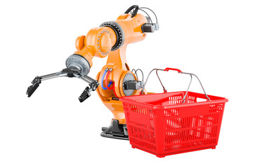 Wall Mural - Shopping basket with mechanical robot arm. 3D rendering