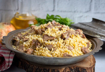 From traditional delicious Turkish cuisine; Bulgur pilaf with meat (Turkish name; etli bulgur pilavi)