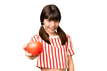 Wall Mural - Little caucasian girl holding an apple over isolated background with happy expression