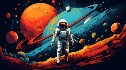 space, science fiction, future. vector retro illustrations of astronaut, galaxy, planet, moon, space