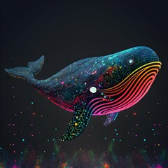 friendly psychedelic whale floating centered on vantablack background modern detailed color grading 