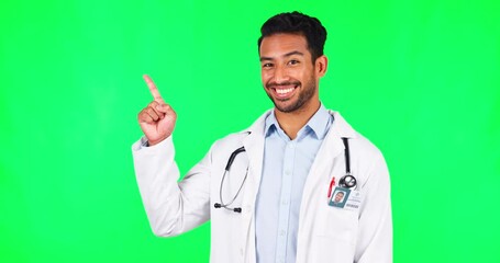 Aufkleber - Pointing, feedback and doctor with man on green screen for advertising, deal and idea. Healthcare, medical and medicine with portrait of person on studio background for presentation, review and news