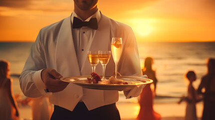 Waiter serving champagne on a tray. Summer beach sunset holiday vacation
