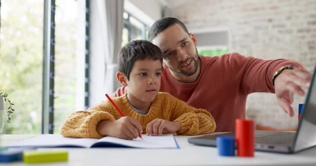 Poster - Father, boy child and homework with laptop, writing and helping hand for education, childhood development or care. Man, dad and male kid with home school, notebook and computer with teaching at desk