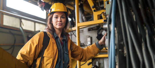 Woman working on heavy machinery as an industrial crane operator. Gender equality at workplace concept. Generative AI