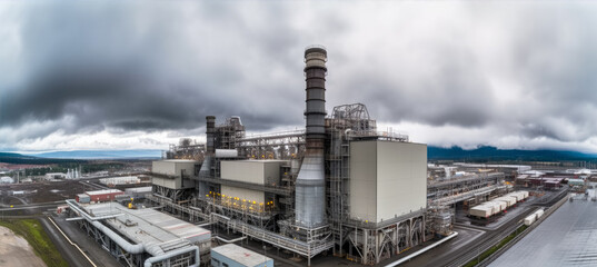 Wall Mural - Natural gas powered turbine power plant. Wide angle photo of whole factory. Generative AI