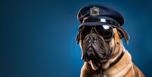 Mean Looking Bullmastiff Working As A Security Officer Or Cop, Wearing Police Hat, And Sunglasses. Guarding Dog Concept. Wide Banner Copy Space For Text Left Side. Generative AI