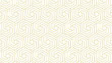 Seamless Golden Outline Hexagon Pattern, Abstract Geometric Swirl Hexagonal Frames On White Background. Vector Illustration