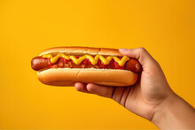 Hand Holding Tasty Hot Dog On A Yellow Background