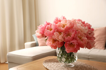 Canvas Print - Beautiful pink peonies in vase on table at home, space for text. Interior design