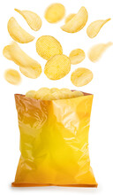 Crispy Potato Chips Fly Out Of Yellow Bag Isolated On White Background, Potato Chips On White With Clipping Path.