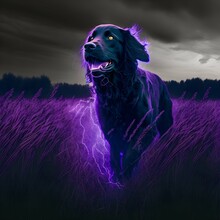 Black Dog Struck By Purple Lightning Running Through Grass Full Body 