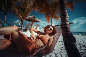 Wall Mural - Relax Tropical Paradise. Woman lying in a hammock surrounded by palm trees, with a paradisiacal beach in the background. Relaxation and paradise getaway concept. AI Generative