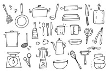 Set Of Hand-drawn Rough Line Illustrations Of Cooking Utensils.

