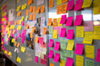 A bulletin board covered in colorful post-it notes, representing a visual representation of business ideas and tasks