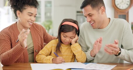 Poster - Applause, education and family with child in home, drawing in book and homeschool motivation and success. Mother, parents clapping and happy father with girl learning art, study and goal celebration