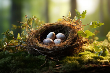 Bird's nest with eggs in the forest. Generative AI