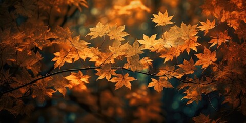 Leinwandbilder - web banner design for autumn season and end year activity with red and yellow maple leaves with soft focus light and bokeh background