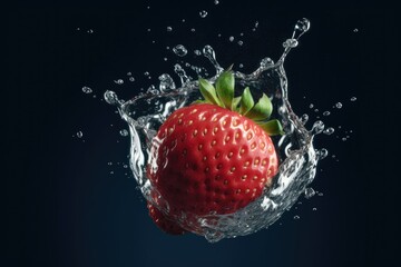 Wall Mural - Fresh strawberry dropped into water with splash on the background.