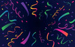 Explosion of confetti and ribbons vector.	Confetti banner background with colorful serpentine ribbons, copy space for text. Carnival, anniversary, celebration, greeting illustration in flat simple car