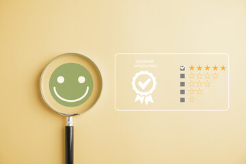 Seeking happiness smiley face icon in magnifying glass amid sadness. Customer satisfaction and evaluation after service or marketing survey. Magnification, satisfaction, reputation, customer