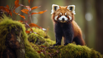 illustration of a cute red panda bear in a forest