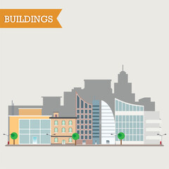 Poster - Isolated colored street city view with different buildings Vector