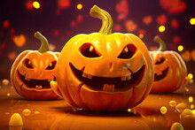 Three Smiling Evil Ceramic Halloween Jack-o-lanterns On Dark Blurry Background With Glowing Particles. Greeting Card Design. Generative AI.	