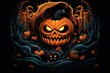 © Yuliya - Scary spooky jack-o-lantern illustration on black background. Generative AI.