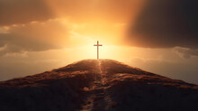 Christian Cross On The Top Of Mountain With Shining Light Background Created With Generative AI 