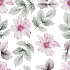 Wall Mural - beautiful watercolor purple flower and greenery leaves seamless pattern