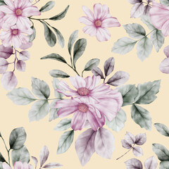 beautiful watercolor purple flower and greenery leaves seamless pattern