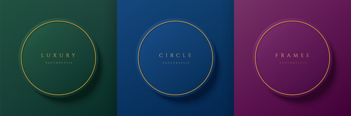 Set of purple, dark blue and green 3D circle frames background with golden golden ring. Luxury wall minimal scene mockup product stage showcase, Cosmetic banner promotion display. Podium in top view.