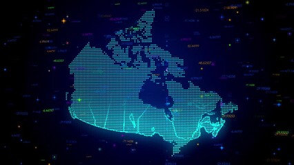 Wall Mural - futuristic motion view blue colorful shiny digital technology hud dots mosaic grid canada map light 