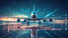 Airplane Taking Off From Airport Runway Background, Illustration For Product Presentation Template, Copy Space. Ai Generative