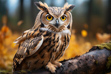 Owl Sitting On A Branch In The Autumn Forest. Beautiful Owl Portrait.