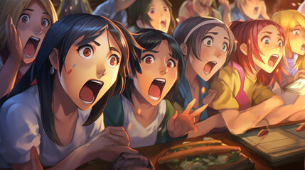 manga girls participating in a wacky food-eating competition, with exaggerated facial expressions and over-the-top reactions during lunchtime, Generated AI