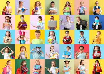collage with many little students on color background