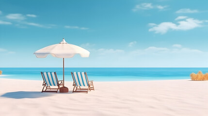  Beautiful beach banner. White sand, chairs and umbrella travel tourism wide panorama background concept. Amazing beach landscape Generative AI