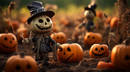 Scarecrow dolls with pumpkin heads tending the Halloween pumpkin patch.