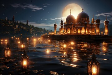 Wall Mural - beautiful mosque at night with bright clouds