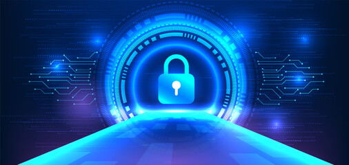 Fototapete - Lock within a technology circle and side circuit. A bridge forefronts the entry to the information system, guarded by a lock symbolizing cyber security and data privacy