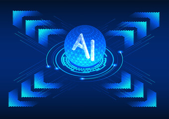 Poster - Artificial intelligence circle at the center, surrounded by a technology circle with arrows depicting data transmission. Illustrates advanced connectivity and digital innovation
